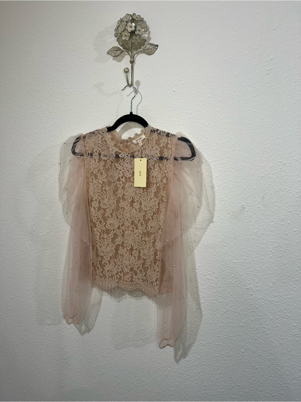 Delicate Lace Puff-Sleeve Blouse in Blush